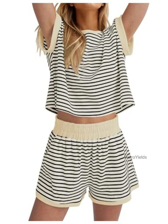 Other - 2 Piece Lounge Set Women Ribbed Knit Striped Short Sleeve Tee & Shorts Casual